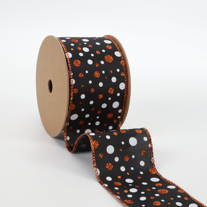 2 1/2" Wired Ribbon | "Glitter Polka Dot" Black/Orn/White | 10 Yard Roll