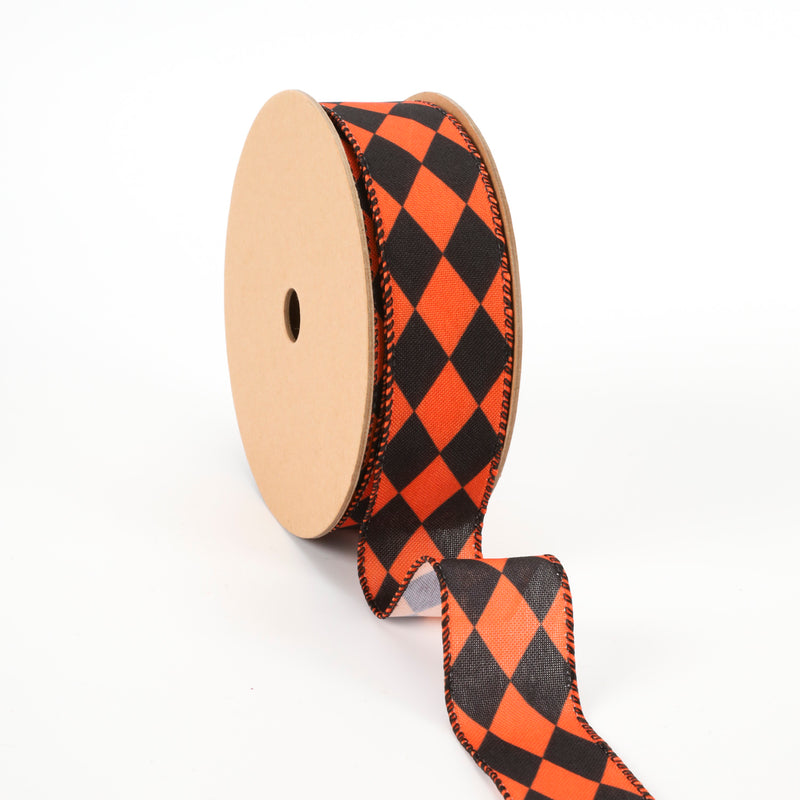 1 1/2" Faux Linen Wired Ribbon | Rhombus Orange/Black | 10 Yard Roll