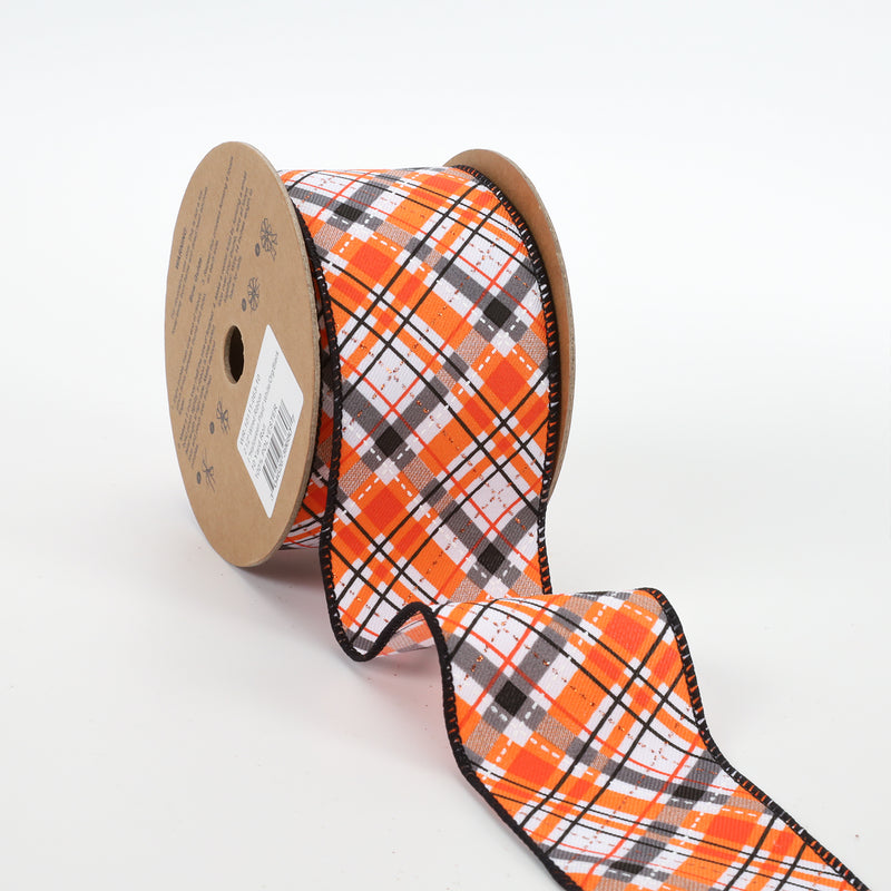 2 1/2" Wired Ribbon | "Halloween Plaid" White/Org/Black | 10 Yard Roll