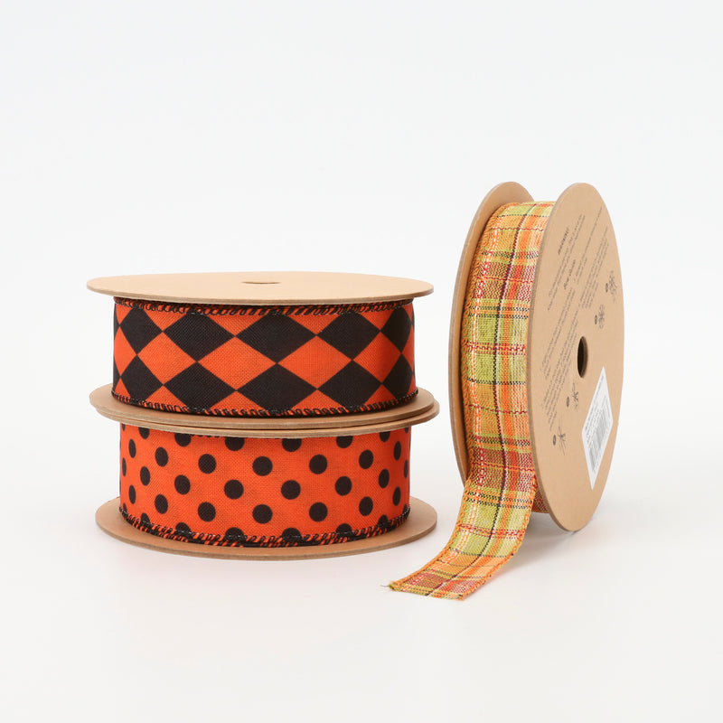 1 1/2" Faux Linen Wired Ribbon | Rhombus Orange/Black | 10 Yard Roll