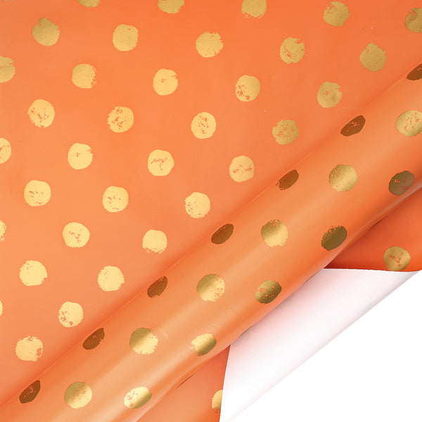 24" x 417' Wrapping Paper Half Ream | Orange w/ Metallic Gold Polka Dot