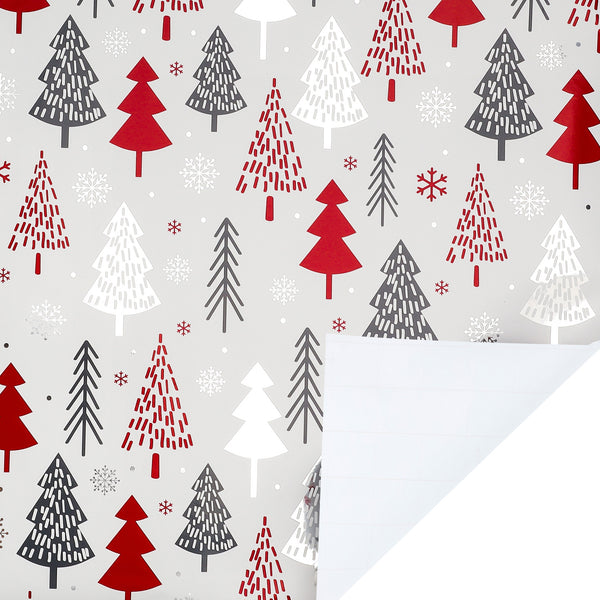 30" x 10' Holiday Wrapping Paper | "Abstract Trees" Grey/Red