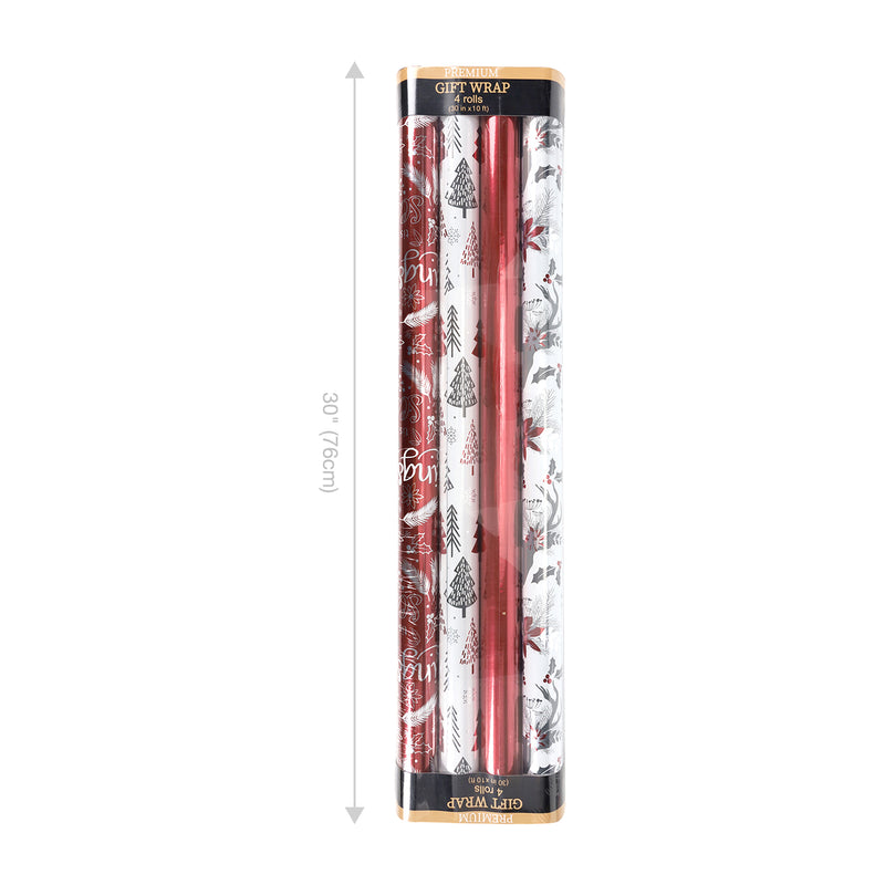 30" x 10' Wrapping Paper Bundle (4-pack) | Red/Silver/Xmas Metallic