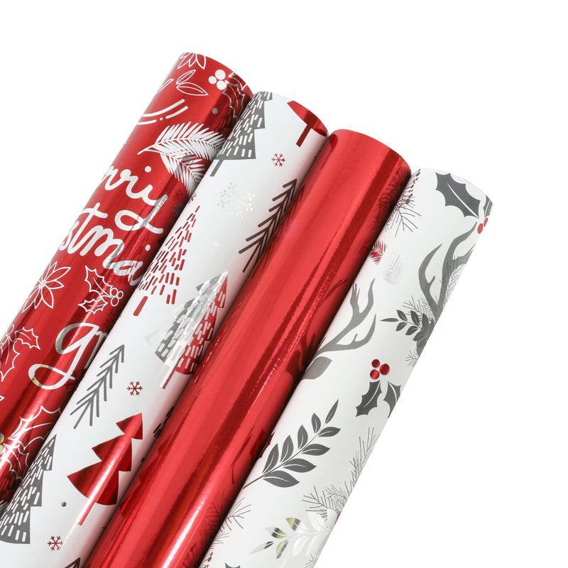 30" x 10' Wrapping Paper Bundle (4-pack) | Red/Silver/Xmas Metallic