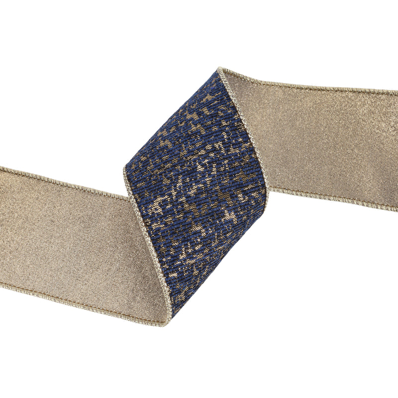 4" Double-Fused Wired Jacquard Ribbon | Blue/Gold Metallic | 10 Yard Roll