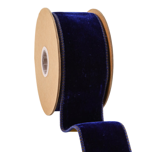 2 1/2" Wired Premium Velvet Ribbon w/ Tissue Back | Blue/Gold | 10 Yard Roll