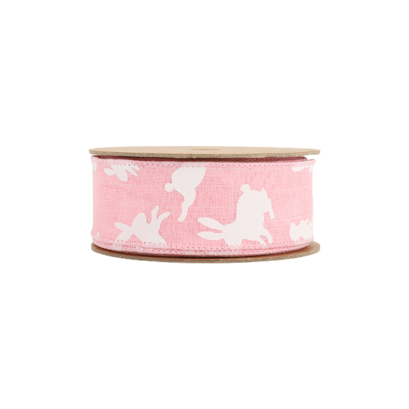 1 1/2" Wired Ribbon | Pink w/ White All Over Bunny | 10 Yard Roll