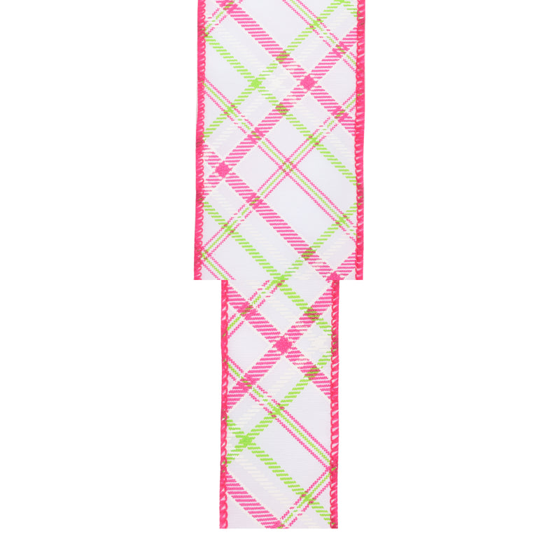 1 1/2" Wired Ribbon | White w/ Pastel Pink and Green Bias Plaid | 10 Yard Roll