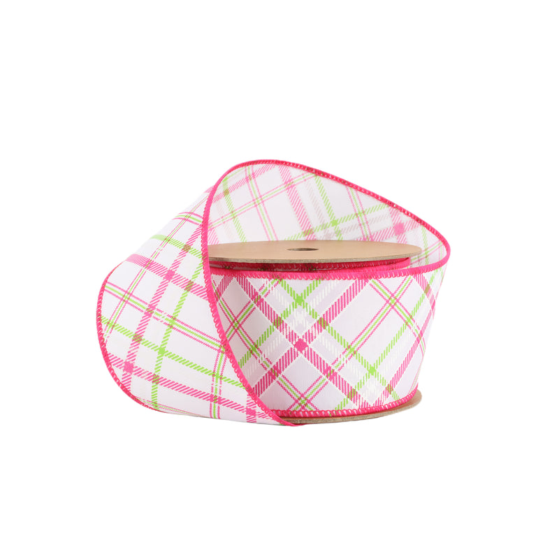 2 1/2" Wired Ribbon | White w/ Pastel Pink and Green Bias Plaid | 10 Yard Roll