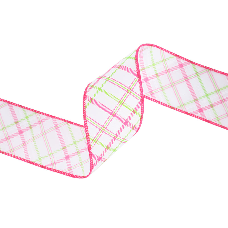 2 1/2" Wired Ribbon | White w/ Pastel Pink and Green Bias Plaid | 10 Yard Roll