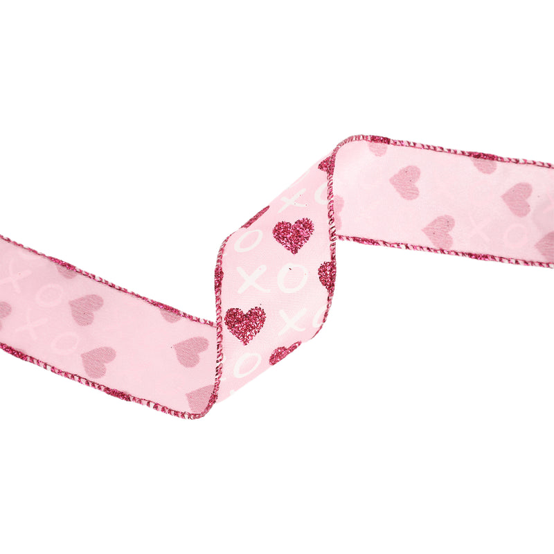 1 1/2" Wired Ribbon | Pink w/ Red Glitter Heart & White XO | 10 Yard Roll