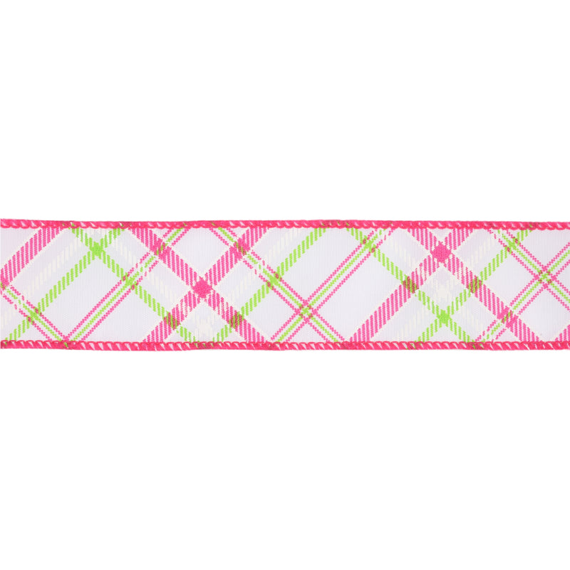 1 1/2" Wired Ribbon | White w/ Pastel Pink and Green Bias Plaid | 10 Yard Roll