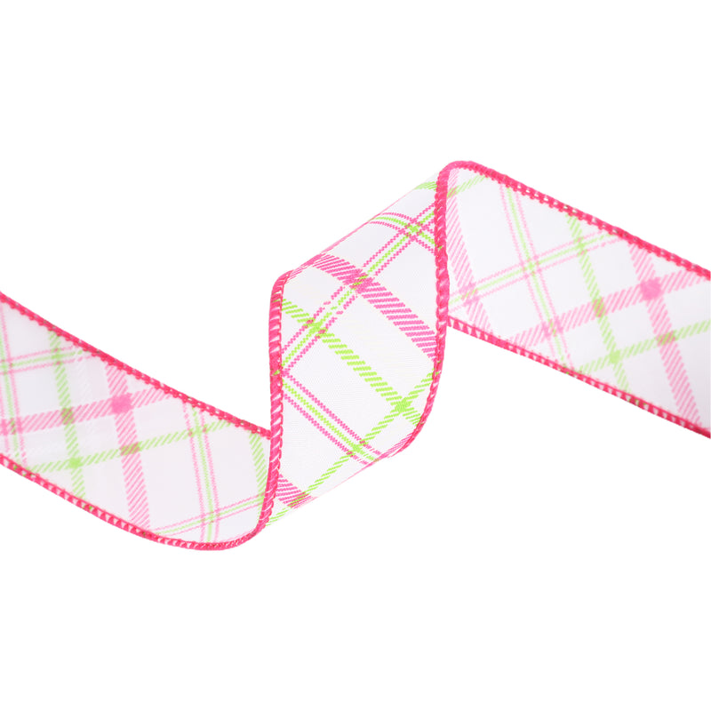 1 1/2" Wired Ribbon | White w/ Pastel Pink and Green Bias Plaid | 10 Yard Roll