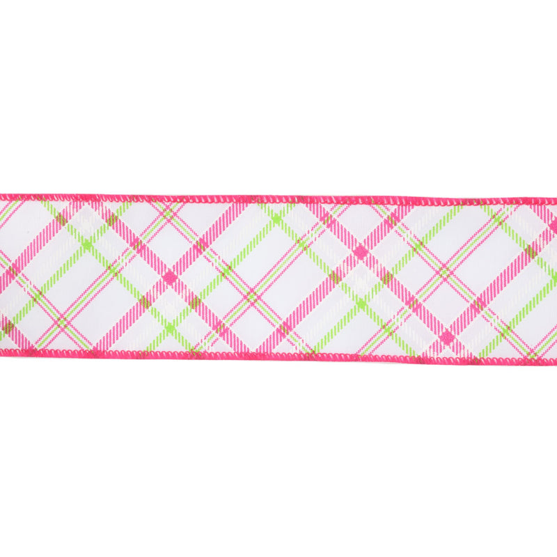 2 1/2" Wired Ribbon | White w/ Pastel Pink and Green Bias Plaid | 10 Yard Roll