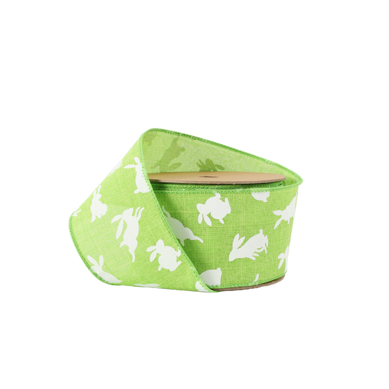 2 1/2" Wired Ribbon | Green w/ White All Over Bunny | 10 Yard Roll