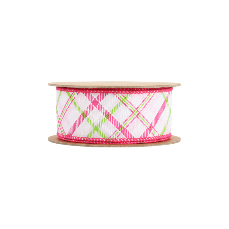 1 1/2" Wired Ribbon | White w/ Pastel Pink and Green Bias Plaid | 10 Yard Roll