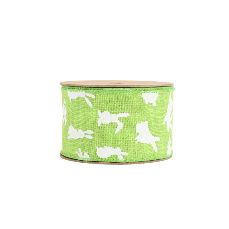 2 1/2" Wired Ribbon | Green w/ White All Over Bunny | 10 Yard Roll