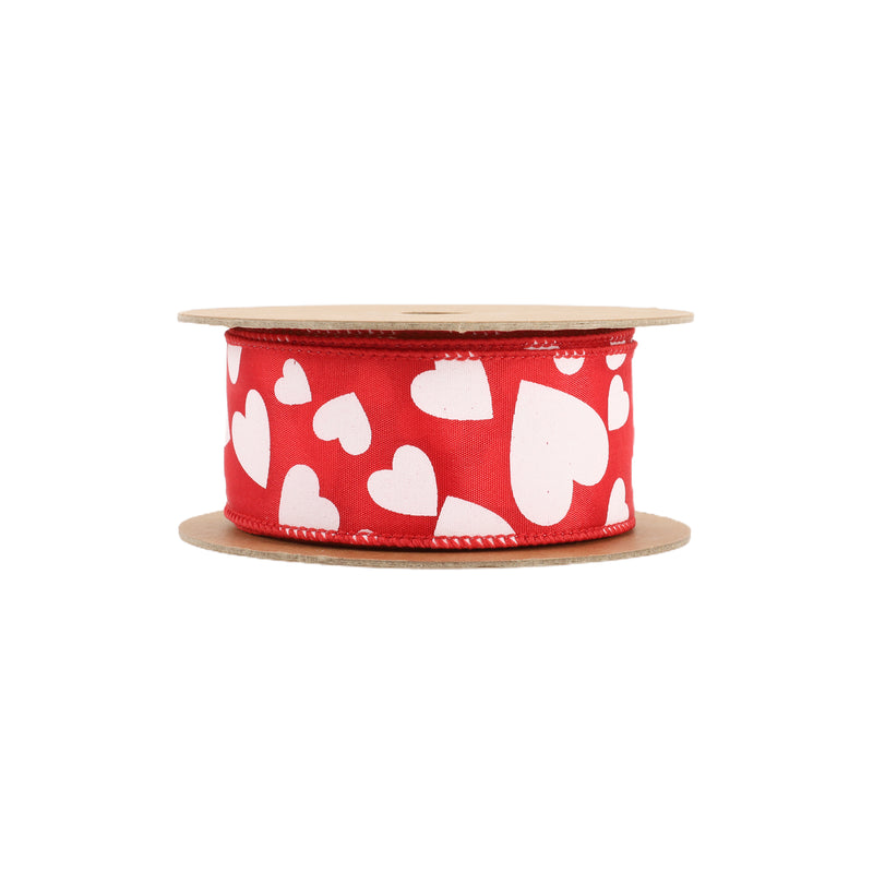 1 1/2" Wired Ribbon | Red w/ Multi Size White Hearts | 10 Yard Roll