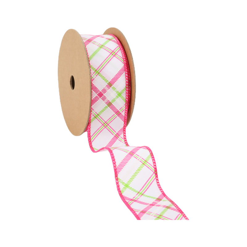 1 1/2" Wired Ribbon | White w/ Pastel Pink and Green Bias Plaid | 10 Yard Roll