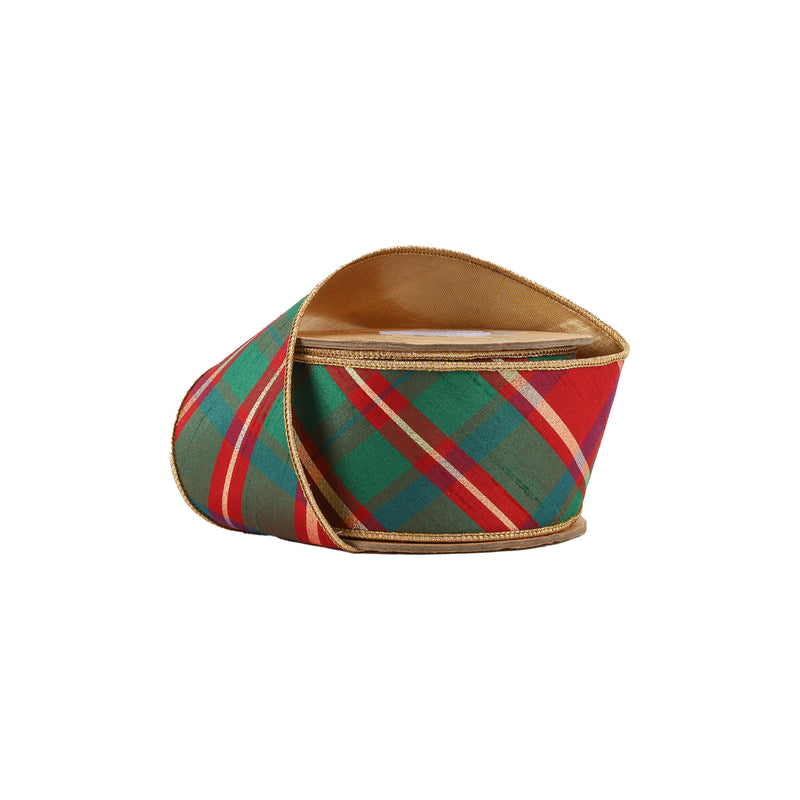 2 1/2" Wired Dupioni Ribbon | Red/Green/Gold Plaid Bias Cut w/ Double-Fused Gold Backing | 10 Yard Roll