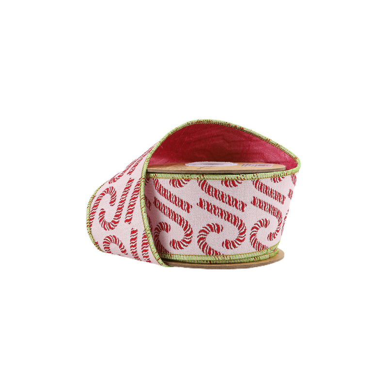 2 1/2" Wired Jacquard Ribbon | Candy Cane on Pink w/ Dupioni Back | 5 Yard Roll