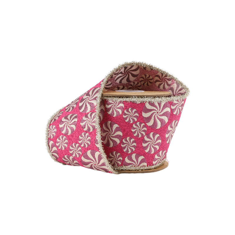 4" Wired Jacquard Ribbon | Peppermint on Fuschia w/ Tinsel Edge | 5 Yard Roll