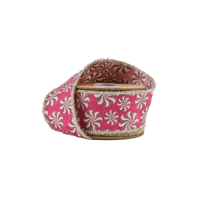 2 1/2" Wired Jacquard Ribbon | Peppermint on Fuschia w/ Tinsel Edge | 5 Yard Roll