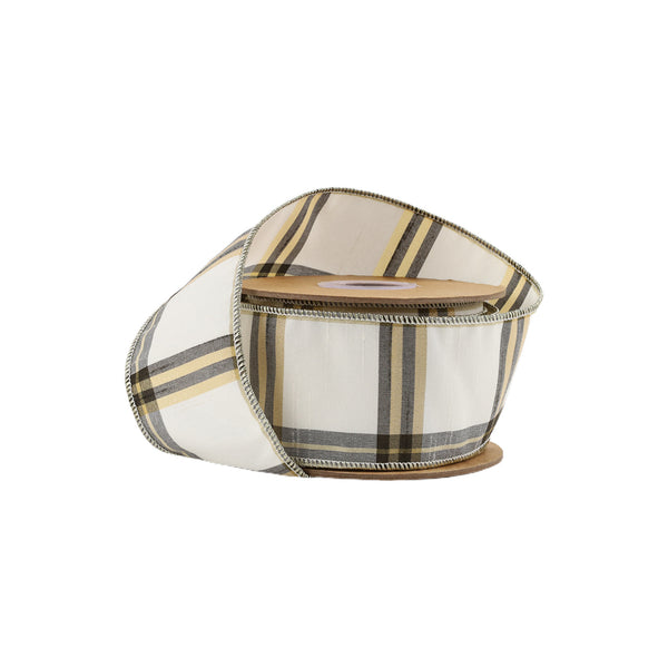 2 1/2" Wired Ribbon | Ivory/Black/Gold Plaid | 10 Yard Roll