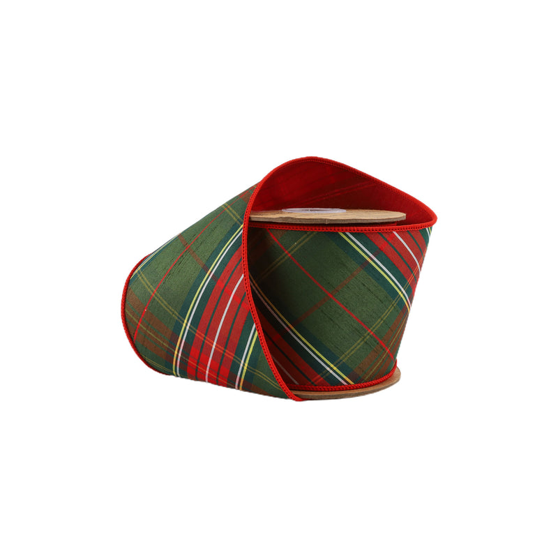 4" Wired Dupioni Ribbon | Red/Dark Green Plaid Bias Cut Double-Fused Red Backing | 5 Yard Roll