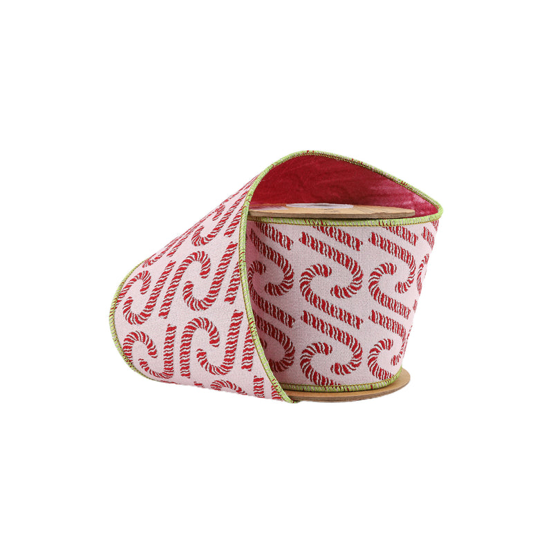 4" Wired Jacquard Ribbon | Candy Cane on Pink w/ Dupioni Backing | 5 Yard Roll