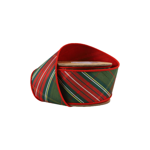 2 1/2" Wired Dupioni Ribbon | Red/Dark Green Plaid Bias Cut Double-Fused Red Backing | 5 Yard Roll