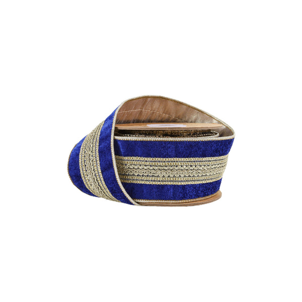 2 1/2" Wired Premium Ribbon | Gold Trim on Blue | 5 Yard Roll