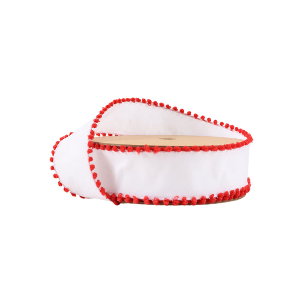 1 1/2" Wired Ribbon | White w/ Red Pom Pom Edge | 10 Yard Roll