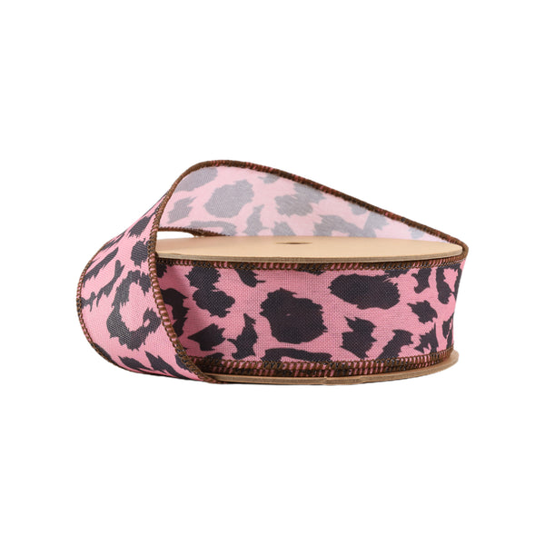 1 1/2" Wired Ribbon | Leopard Print Black on Pink | 10 Yard Roll