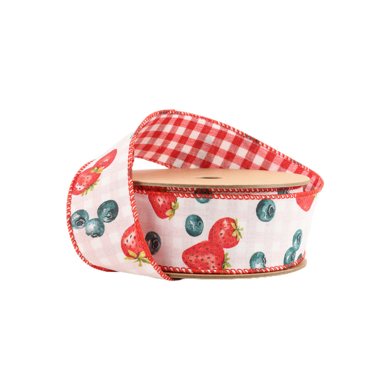 1 1/2" Wired Ribbon | Strawberry/Blueberries on White w/ Checked Back | 10 Yard Roll