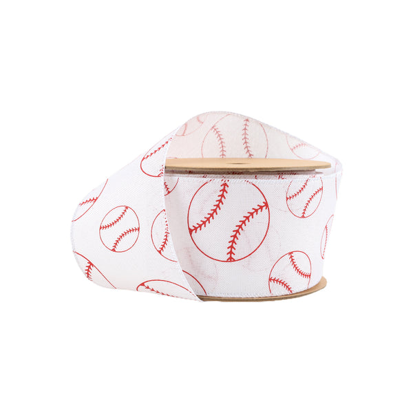 2 1/2" Wired Cotton Ribbon | Baseballs on White | 10 Yard Roll