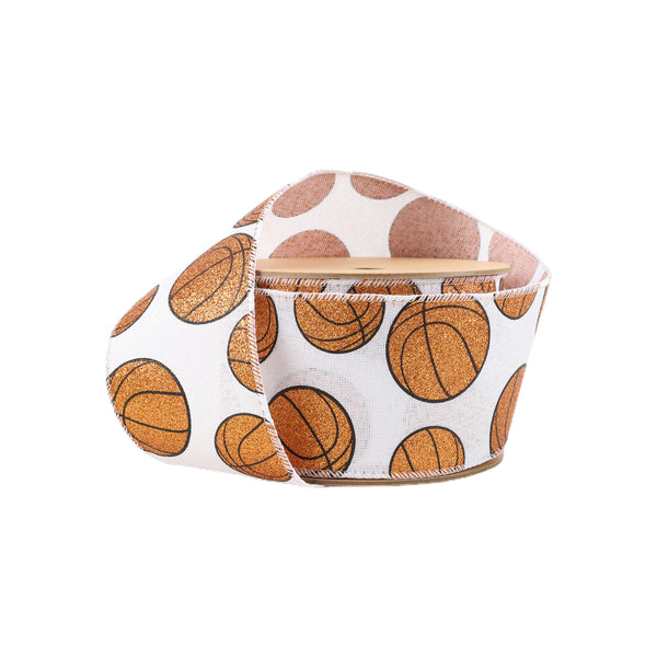 2 1/2" Wired Cotton Ribbon | Glitter Basketballs  on White | 10 Yard Roll