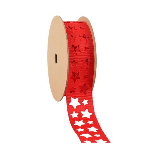 1 1/2" Textured Grosgrain Ribbon | Red w/ Star Cut Out | 25 Yard Roll