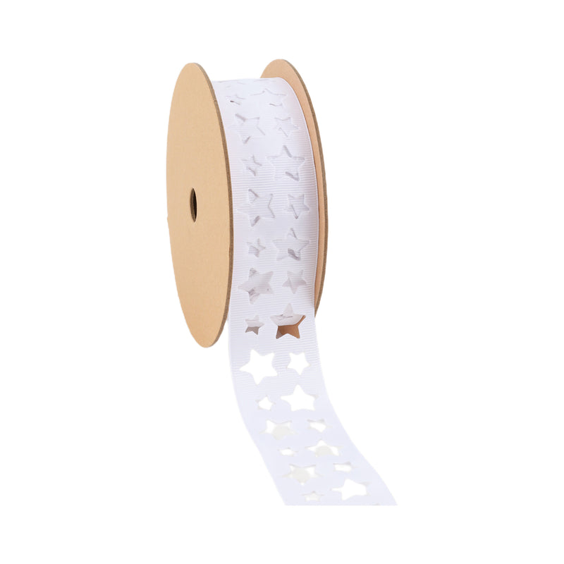 1 1/2" Textured Grosgrain Ribbon | White w/ Star Cut Out | 25 Yard Roll