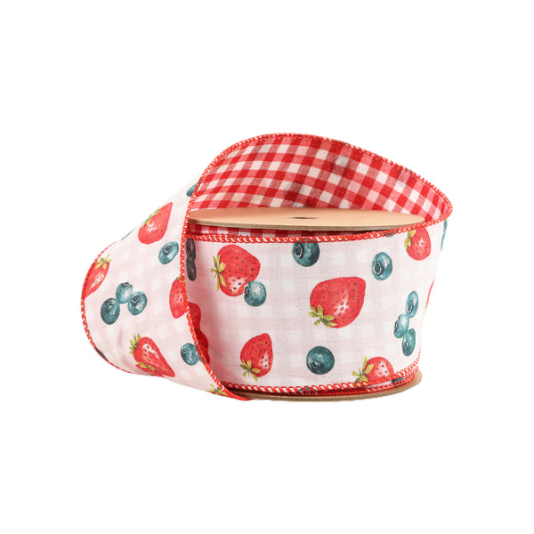 2 1/2" Wired Ribbon | Strawberry/Blueberries on White w/ Checked Back | 10 Yard Roll