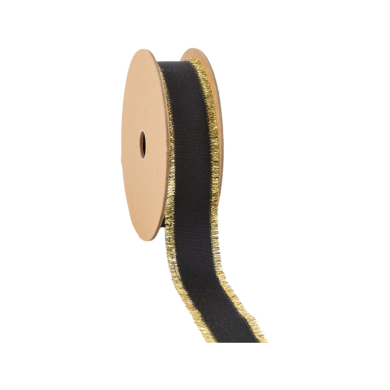 1" Textured Grosgrain Ribbon | Gold Metallic Fringe Black | 25 Yard Roll