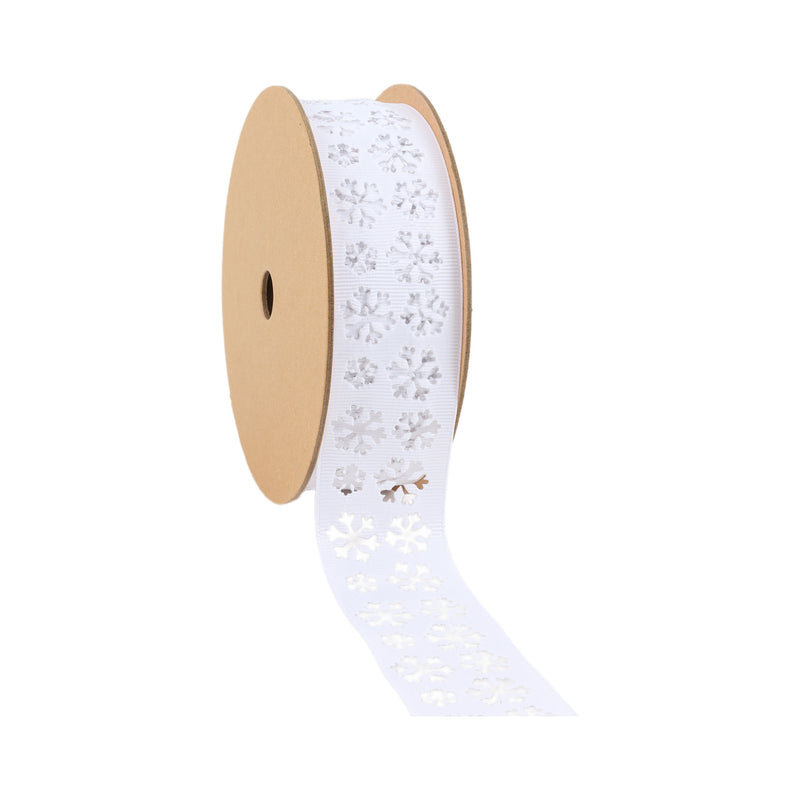 1 1/2" Textured Grosgrain Ribbon | White w/ Snowflake Cut Out | 25 Yard Roll