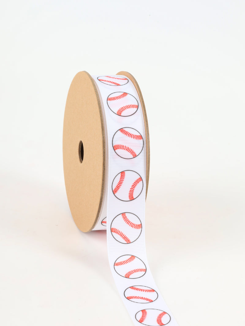 1" Printed Grosgrain Ribbon | Baseballs on White | 25 Yard Roll