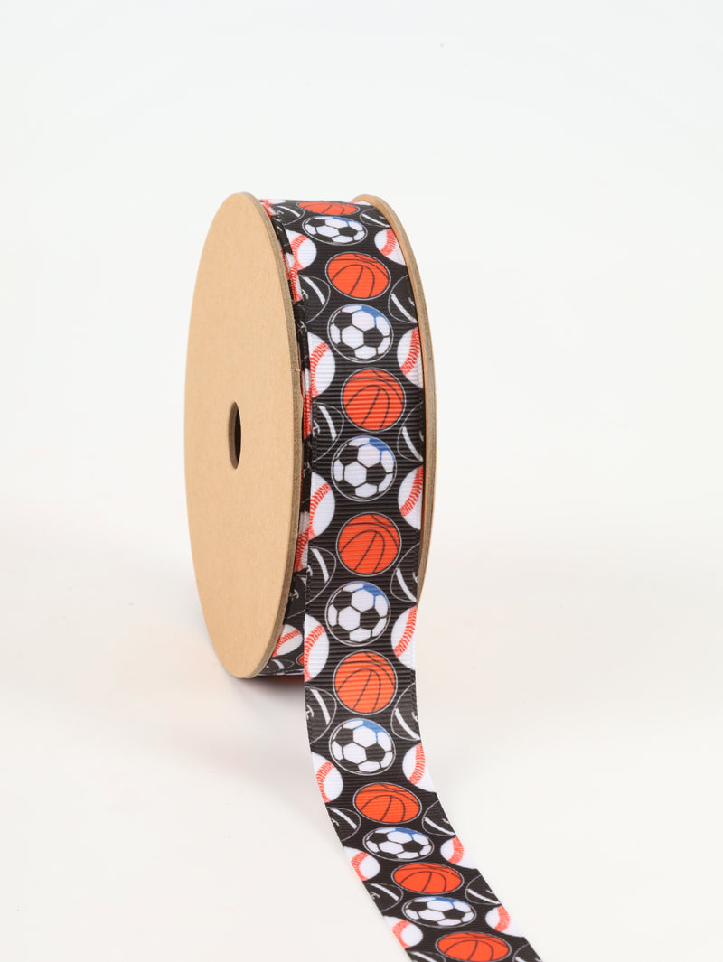 1" Printed Grosgrain Ribbon | All Sports on Black | 25 Yard Roll