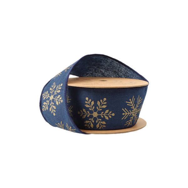 2 1/2" Faux Linen Wired Ribbon | Blue w/ Gold Stamping Snowflakes | 10 Yard Roll