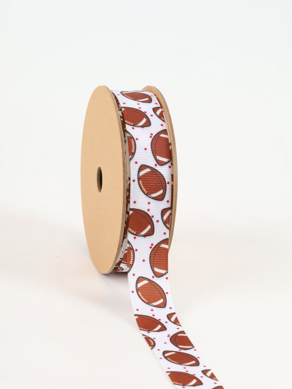 7/8" Printed Grosgrain Ribbon | Footballs on White | 25 Yard Roll