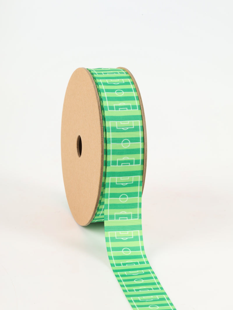 1" Printed Grosgrain Ribbon | Soccer Fields on Green Stripe | 25 Yard Roll