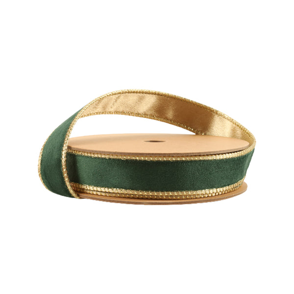 1" Reversible Classic Velvet Wired Ribbon | Green/Gold | 10 Yard Roll