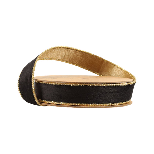 1" Reversible Classic Velvet Wired Ribbon | Black/Gold | 10 Yard Roll