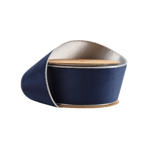 2 1/2" Reversible Classic Velvet Wired Ribbon | Navy/Silver | 10 Yard Roll